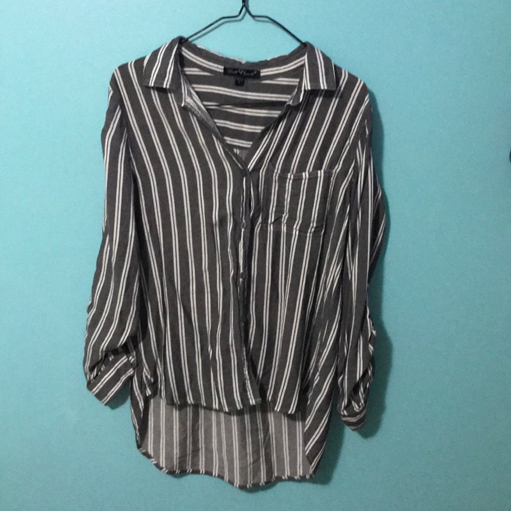 Gray and white striped button up flannel
